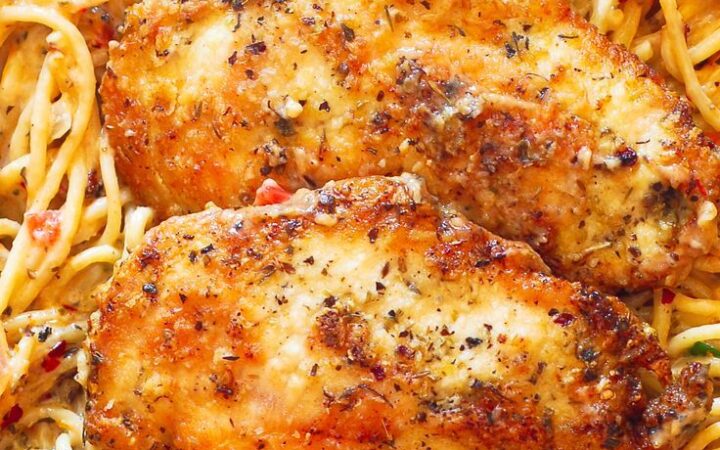 chicken parmesan with white sauce pasta
