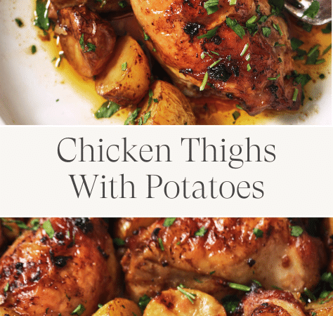 crispy chicken thighs and potatoes skillet