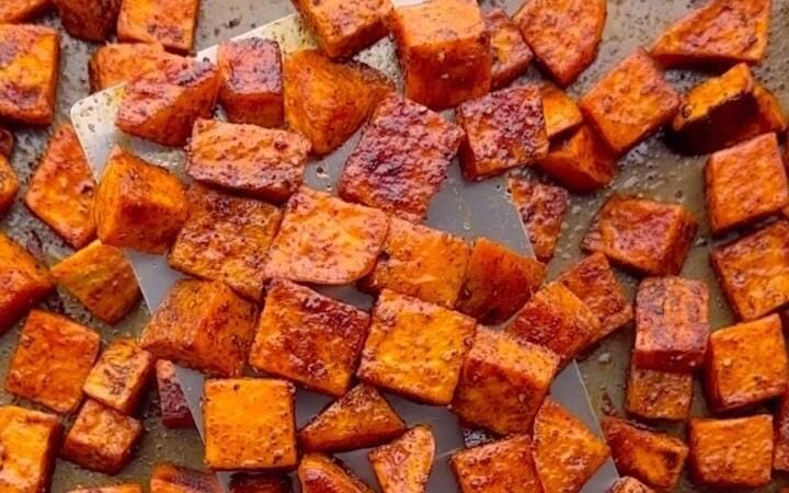 cubed sweet potatoes in oven