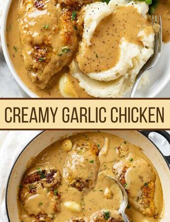 creamy garlic chicken with gravy and mashed potatoes